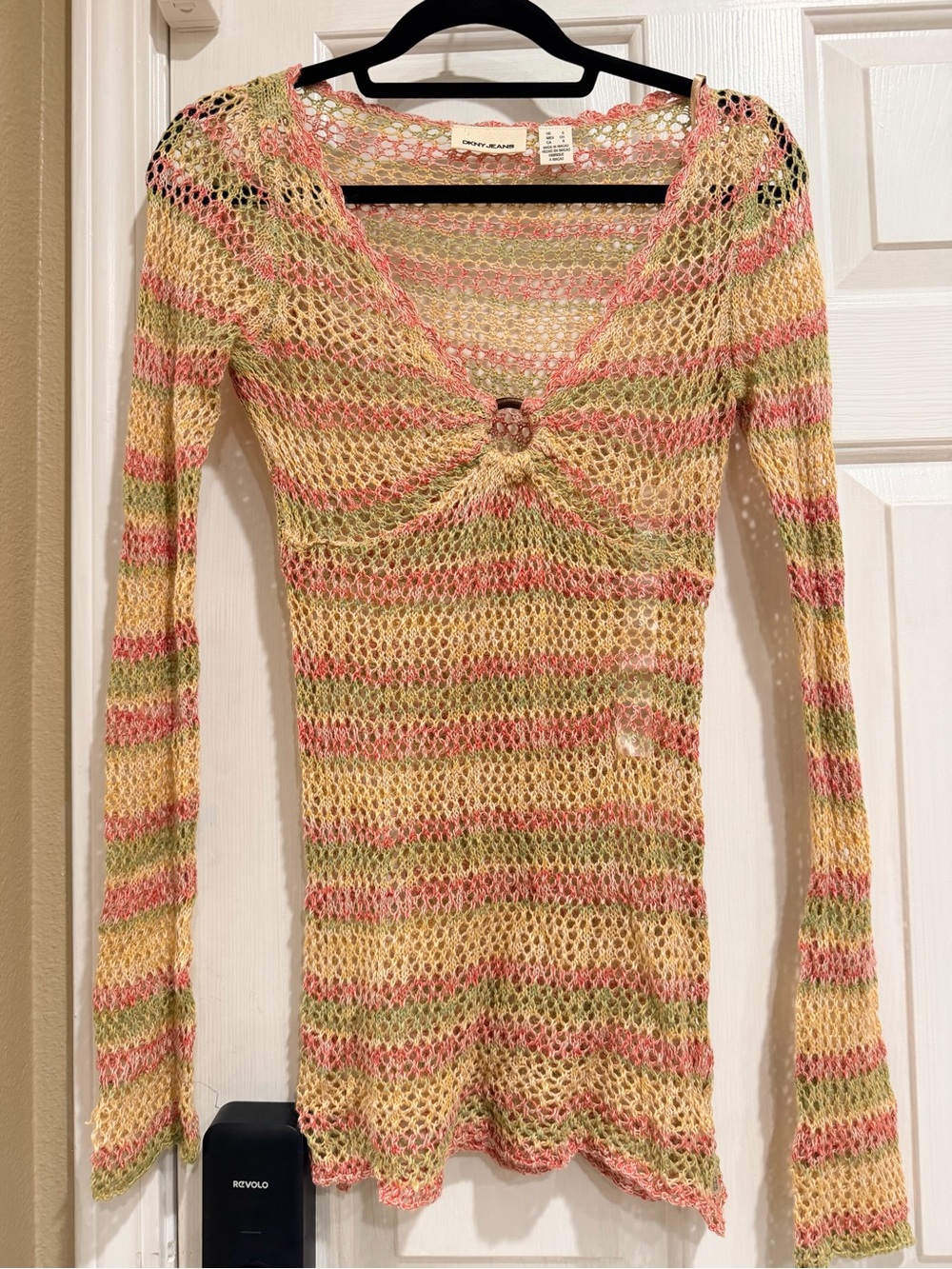 DKNY Pastel Open-Knit Striped V-Neck Sweater Top